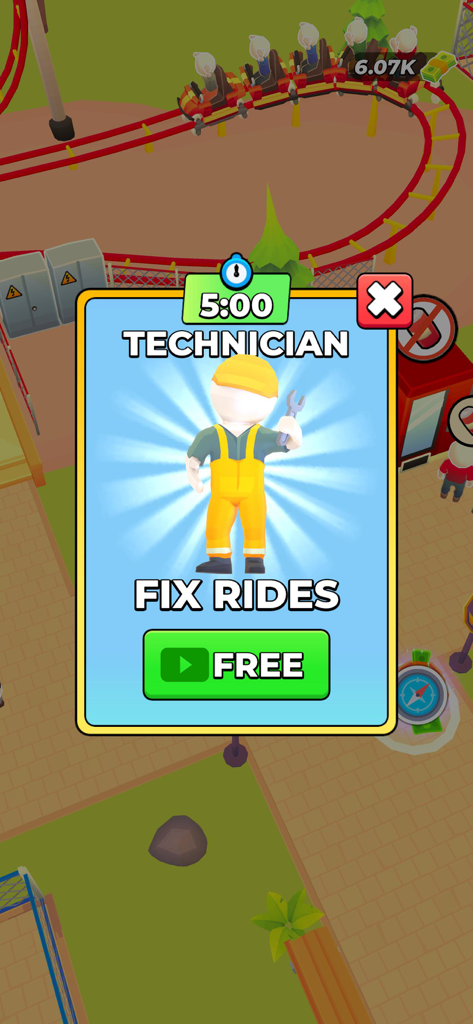 Joy Land! - Une capture d'écran du jeu Joy Land! montrant une fenêtre contextuelle pour embaucher un technicien afin de réparer les manèges gratuitement en regardant une publicité.