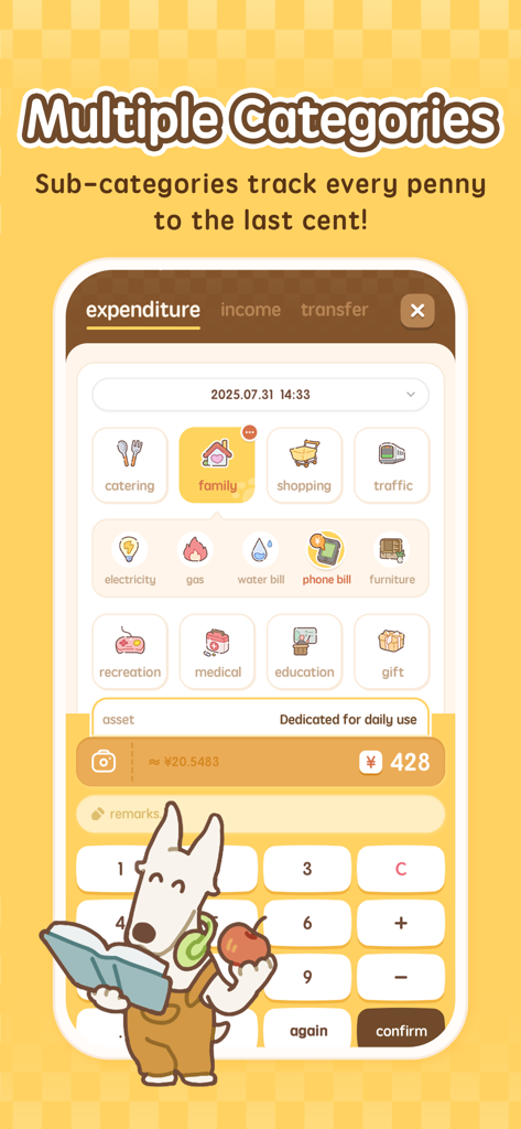 MoneyUP - Money Tracker App - MoneyUP app screen displaying a variety of expenditure categories with the cute mascot Tomi.