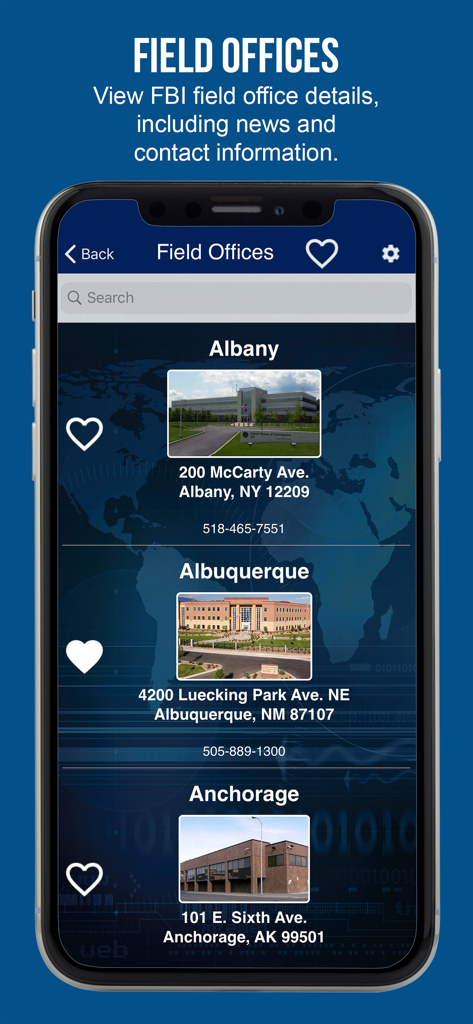 myFBI Dashboard - A searchable list of FBI field offices showing addresses and contact information for locations like Albany and Albuquerque