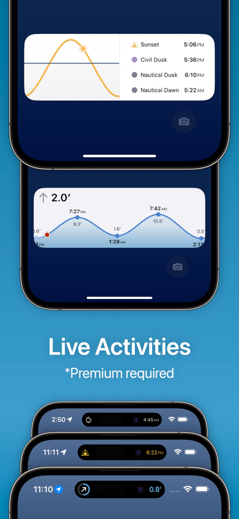 TidesPro: Tide Charts & Tables - TidesPro app interface showing Live Activities and Dynamic Island integration with tide charts and sunset times on iPhone.