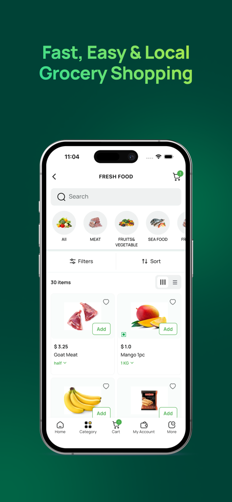 Barako - Barako mobile app interface showing fresh grocery items like goat meat and mangoes with prices