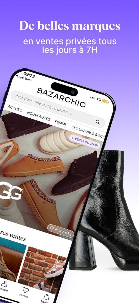 Interfaz de la aplicación móvil BazarChic que muestra calzado de diseñador y ventas privadas diarias