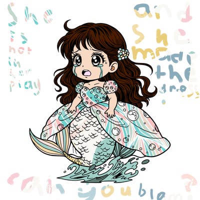 beautiful pretty baby mermaid in ballgown crying