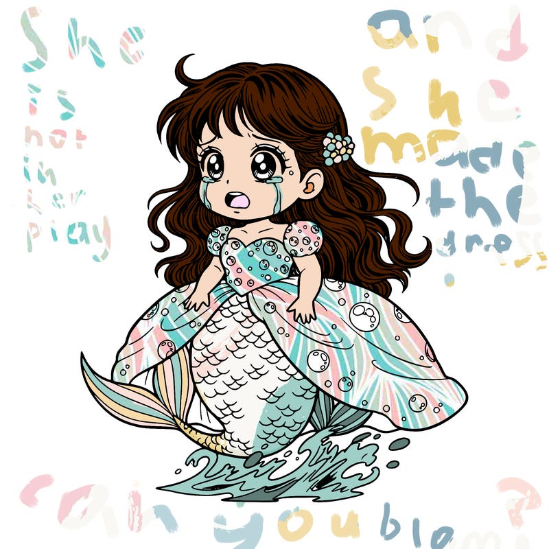 beautiful pretty baby mermaid in ballgown crying