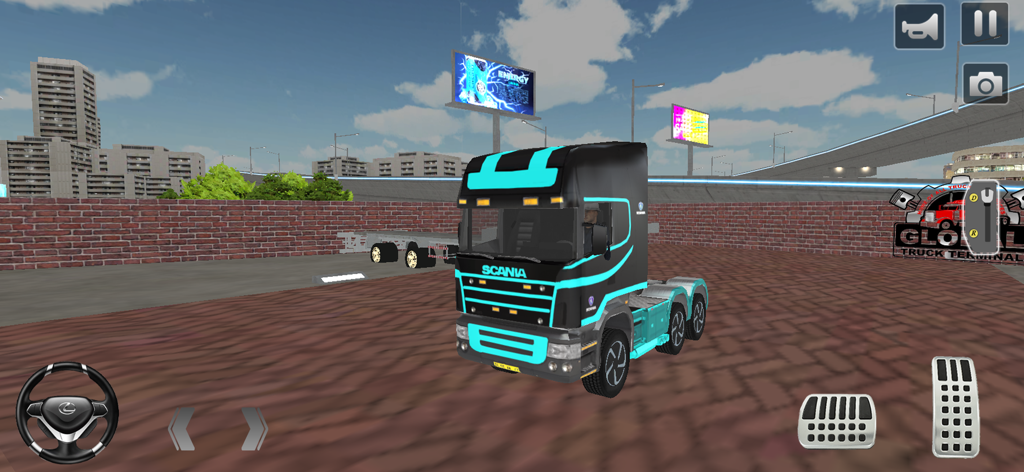 US Cargo Oil Truck Simulator - Un camión Scania negro y cian personalizado en un área de estacionamiento del juego móvil US Cargo Oil Truck Simulator