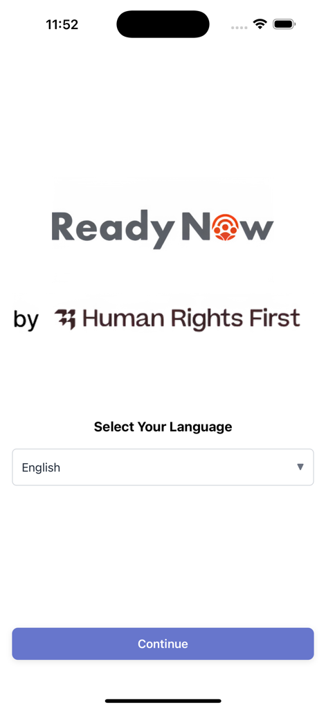 Schermata di onboarding dell'app ReadyNow che mostra la selezione della lingua per l'inglese con un pulsante 'Continua'.