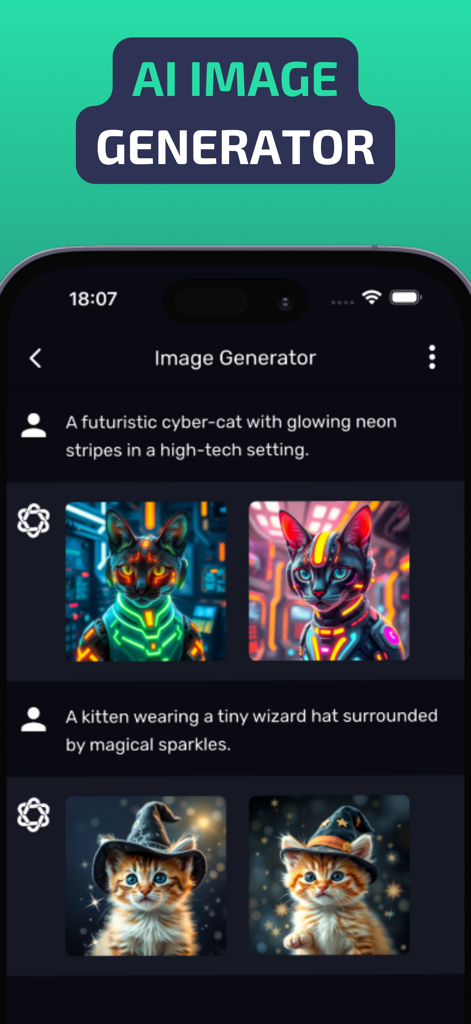 Tela do aplicativo Evo AI mostrando o gerador de imagens criando gatos cibernéticos futuristas e gatinhos feiticeiros.