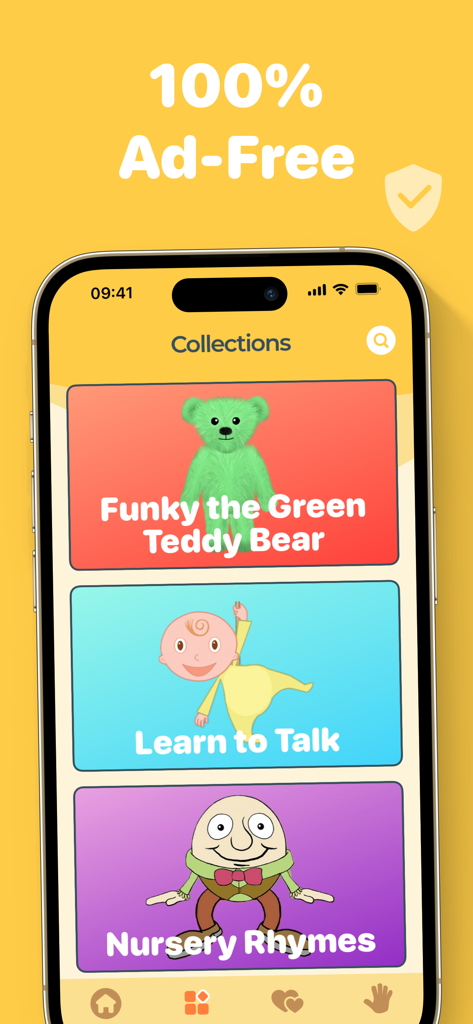 Learn to Talk - Learn to Talk app interface showing ad-free video collections including Funky the Green Teddy Bear and Nursery Rhymes
