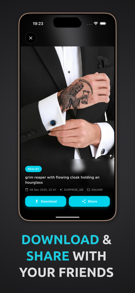 AI Tattoo: Design & Generator - AI Tattoo app interface showing a realistic grim reaper design previewed on a hand with options to download and share