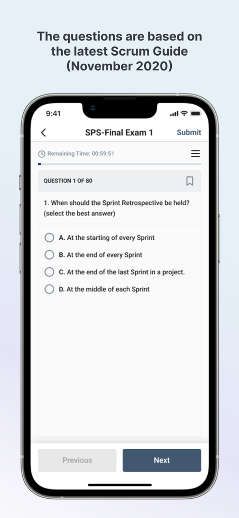 SPS Exam Simulator - SPS Exam Simulator app showing a multiple choice practice question and countdown timer