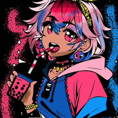 hot baddie anime girl drinking boba and biting the straw