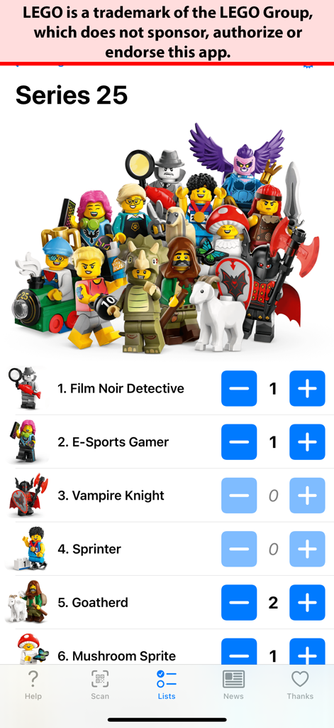 Minifig Scan - Minifig Scan app interface displaying a checklist for LEGO Series 25 minifigures with quantity trackers