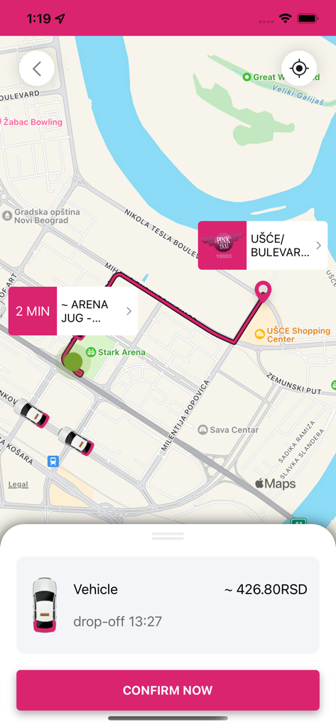 Pink Taxi Beograd app interface showing map route with price estimate and confirm button