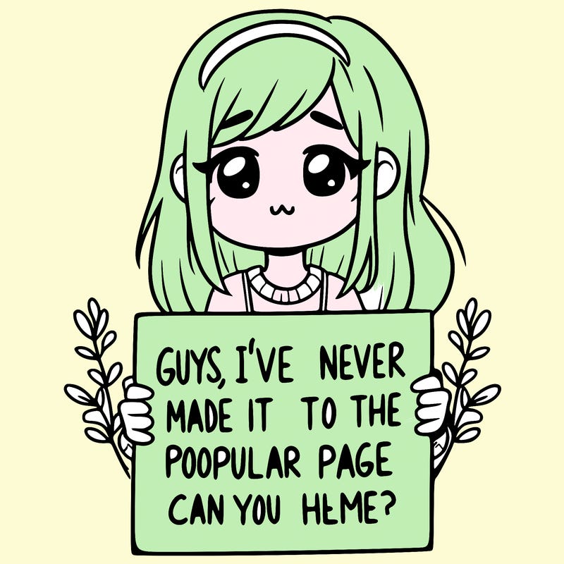 a girl holding up a sign that says, guys, i’ve never made it to the popular page, can you help me?