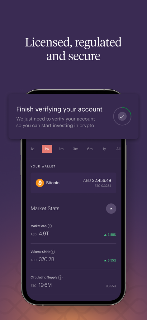 Rain mobile app interface showing a Bitcoin wallet balance and a secure account verification prompt