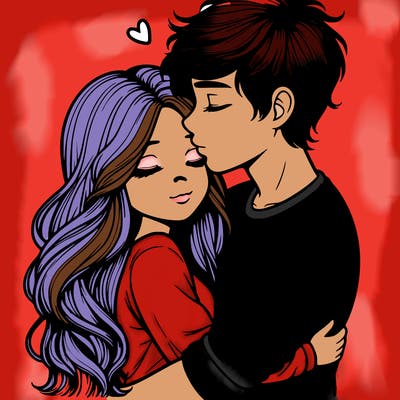 a realistic couple boy and girl hugging and kissing