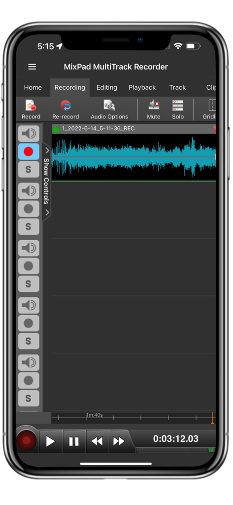 MixPad Music Mixer - MixPad MultiTrack Recorder app interface on a mobile phone displaying an active audio recording waveform and playback controls.