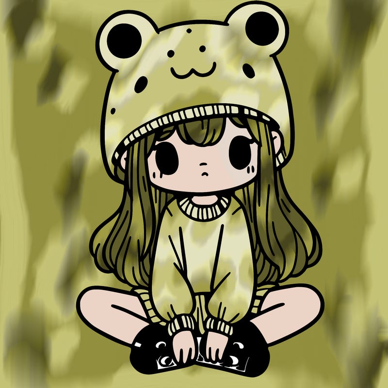 a girl wearing a frog hat and some frog socks