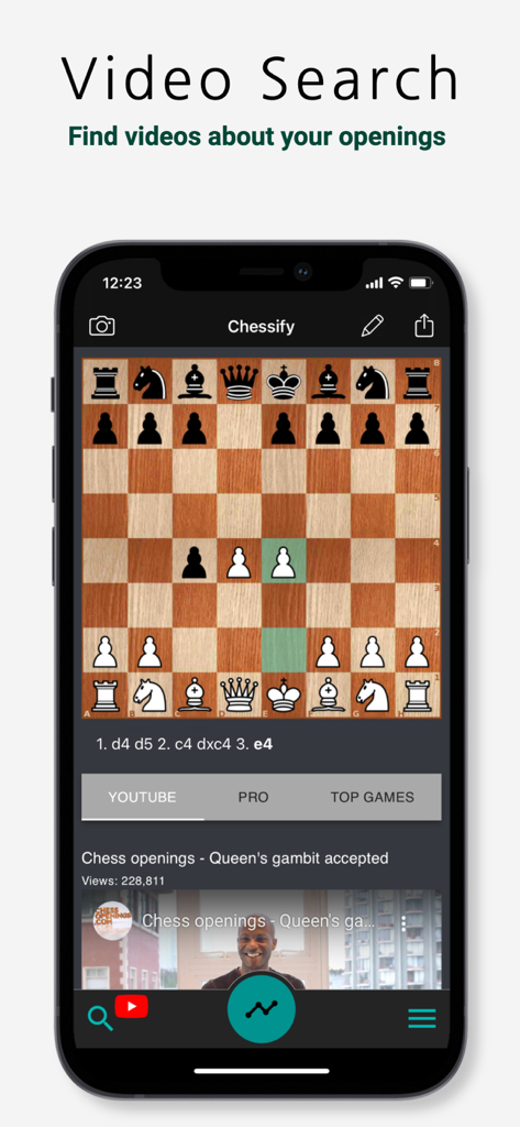 Chessify - Magic Chess Tools - Interfaz de la aplicación móvil Chessify mostrando resultados de búsqueda de video para la apertura Gambito de Dama Aceptado.