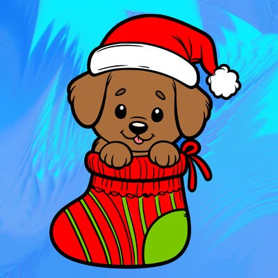 cute puppy wearing santa hat in socking
