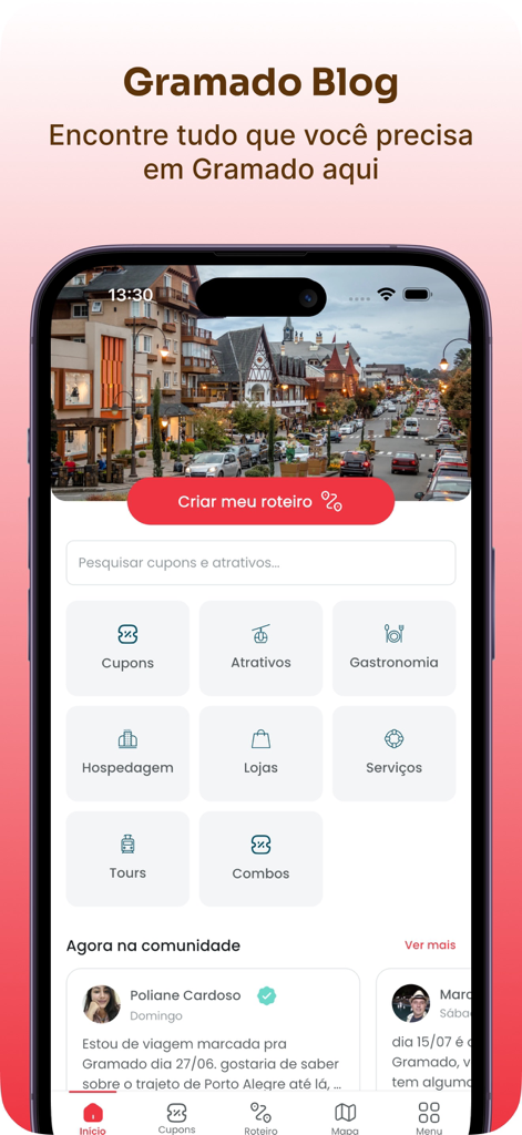 Gramado Blog - Gramado Blog app home screen showing travel guide categories and itinerary planning features for Gramado Brazil.