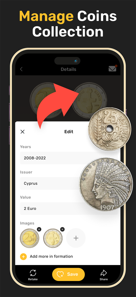 A smartphone screen displaying the coin collection management interface where users can edit details like year issuer and value for a identified coin.