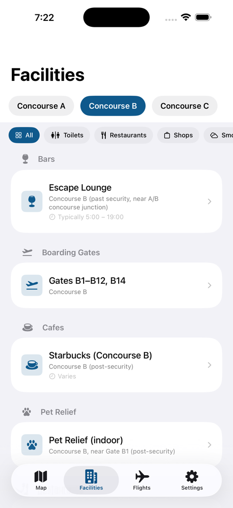 Palm Beach Intl PBI Airport - A screenshot of the Palm Beach International Airport app showing a list of facilities in Concourse B including a lounge, boarding gates, and a cafe.