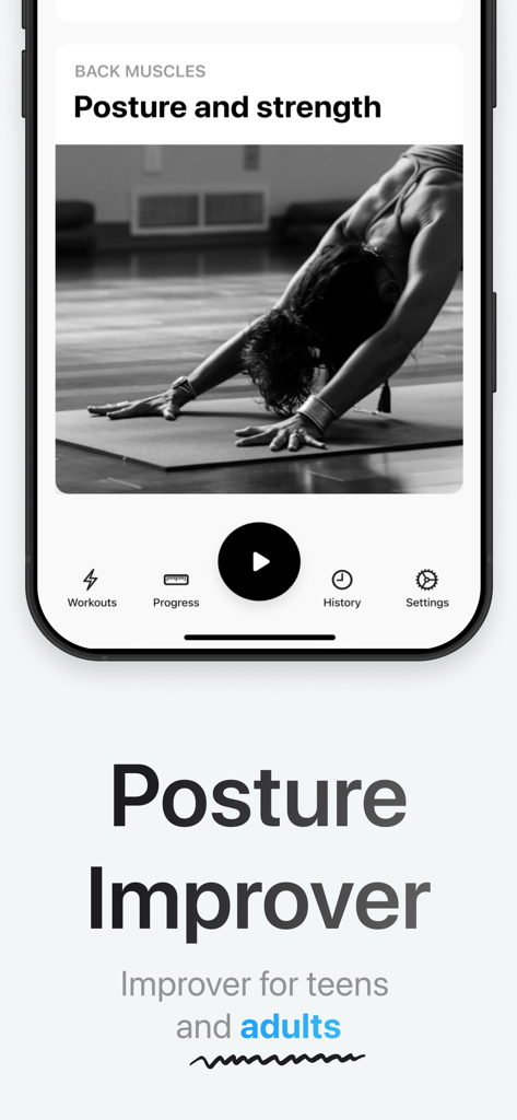 Height Increase: Correction - Mobile app interface showing back muscle exercises for posture and strength improvement