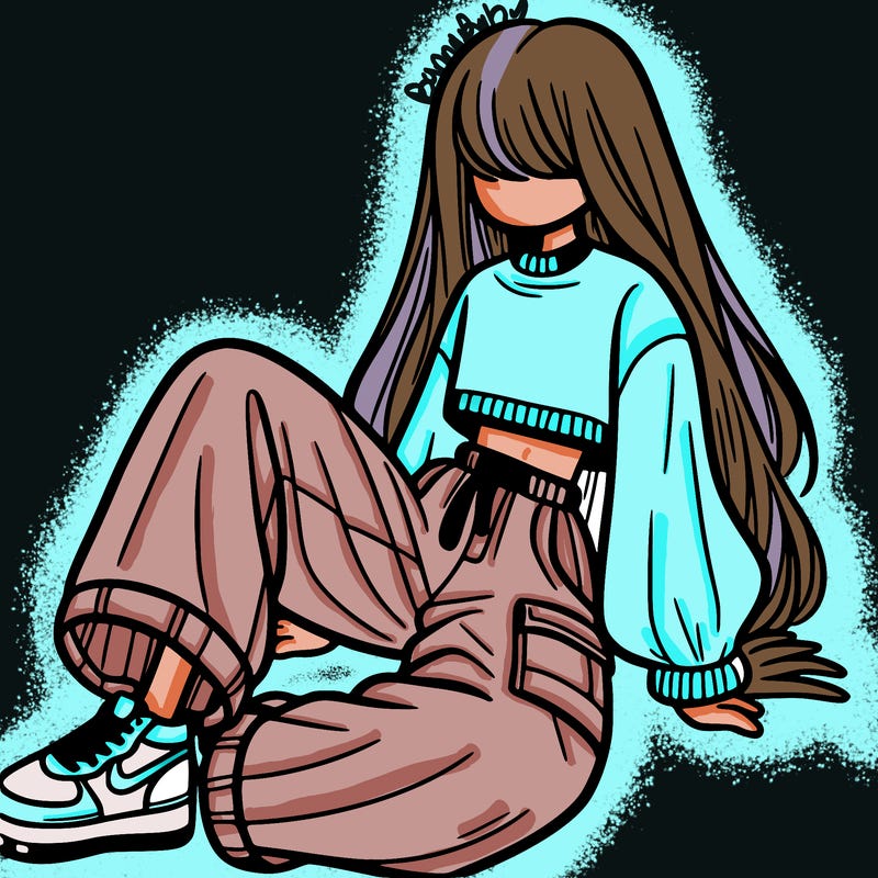 a girl with baggy pants and a crop top with long hair