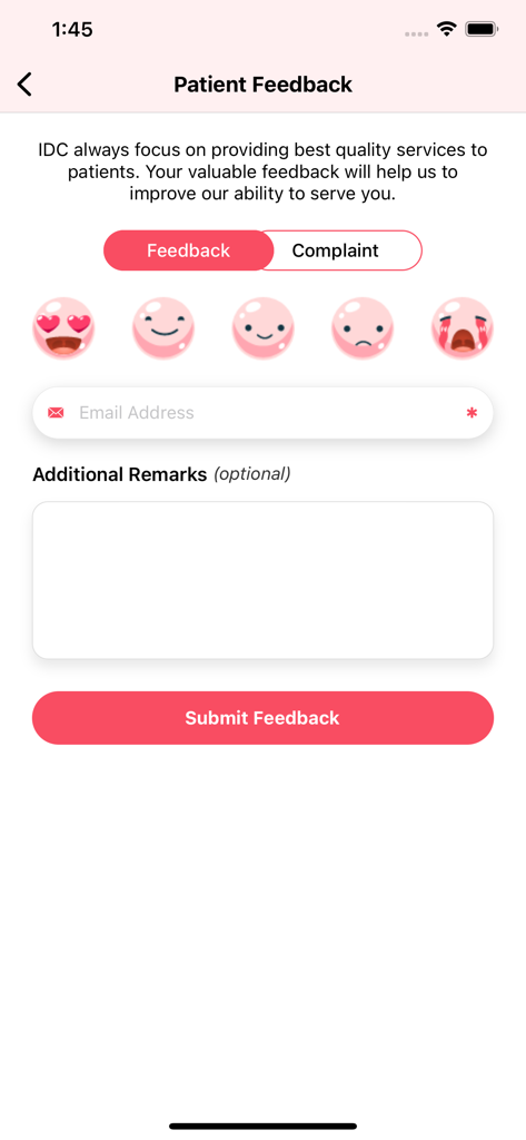 My IDC - Patient feedback form in the My IDC app with emoji rating scales and comment section