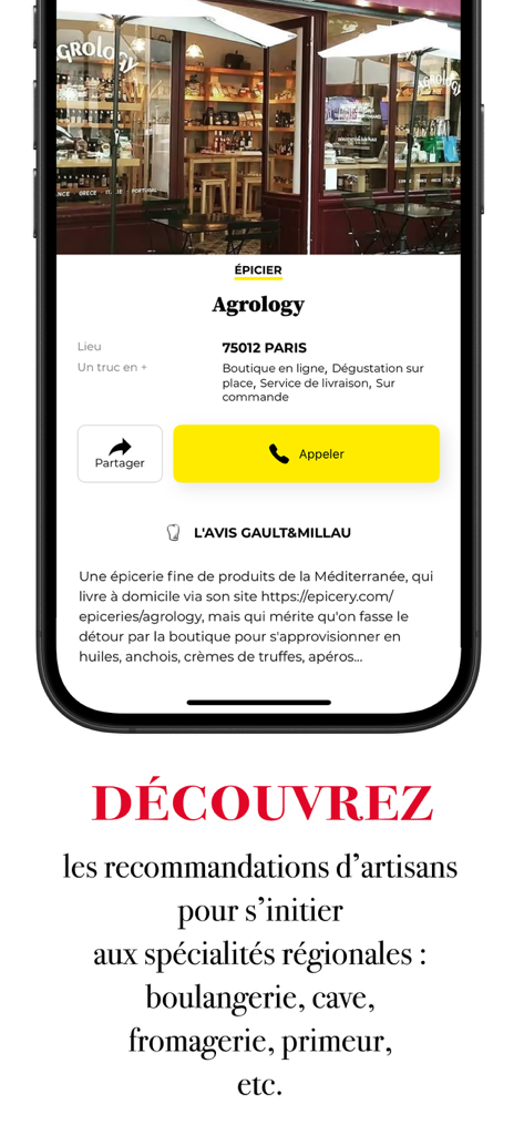 Gault&Millau France - Gault and Millau France mobile app screen showing a recommended artisan grocery store in Paris