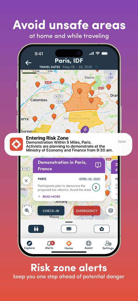 OZZI - Global Personal Safety - Oberfläche der OZZI App zeigt eine Risikozonen-Karte und Echtzeit-Sicherheitswarnungen für eine Demonstration in Paris.