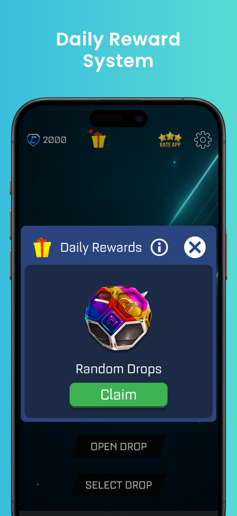 RL Drop Simulator - A mobile screen showing the daily reward system with a claimable random drop in the RL Drop Simulator app