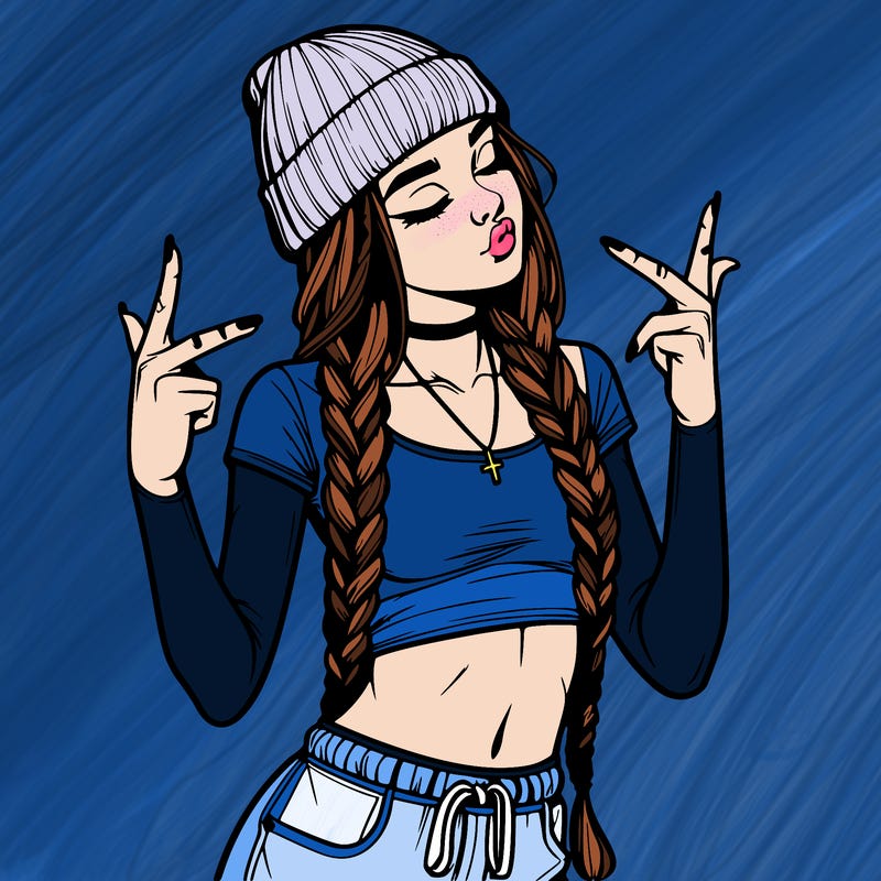 realistic teenage girl with braids and a beanie and crop top doing 🫶🏼