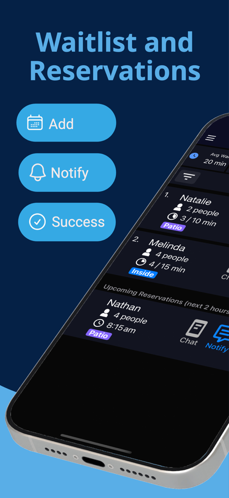 Waitly Waitlist & Reservations - Waitly app interface on a smartphone showing guest waitlist and reservation management