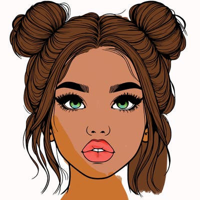 realistic girl with two buns on her hair and lips
