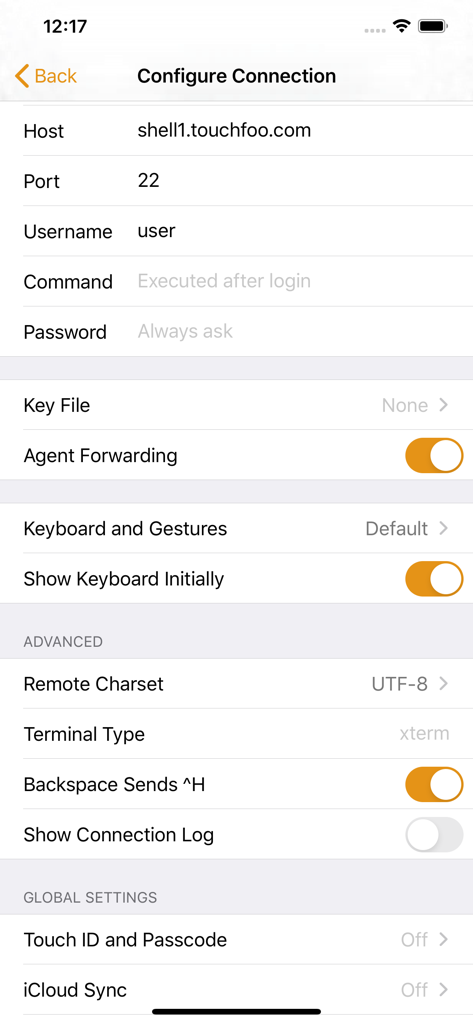Shelly - SSH Client - A configuration screen for an SSH connection in the Shelly app showing host port and security settings