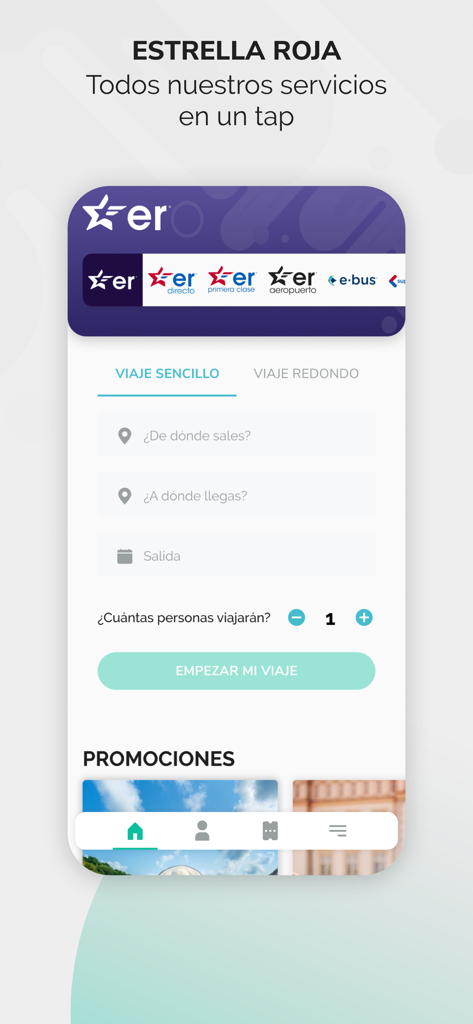 Écran de réservation de l'application de bus Estrella Roja avec options de voyage aller simple et aller-retour