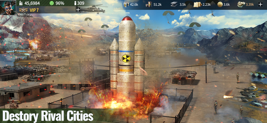 War Games - Commander - A massive missile launching from a military base in the mobile strategy game War Games Commander.