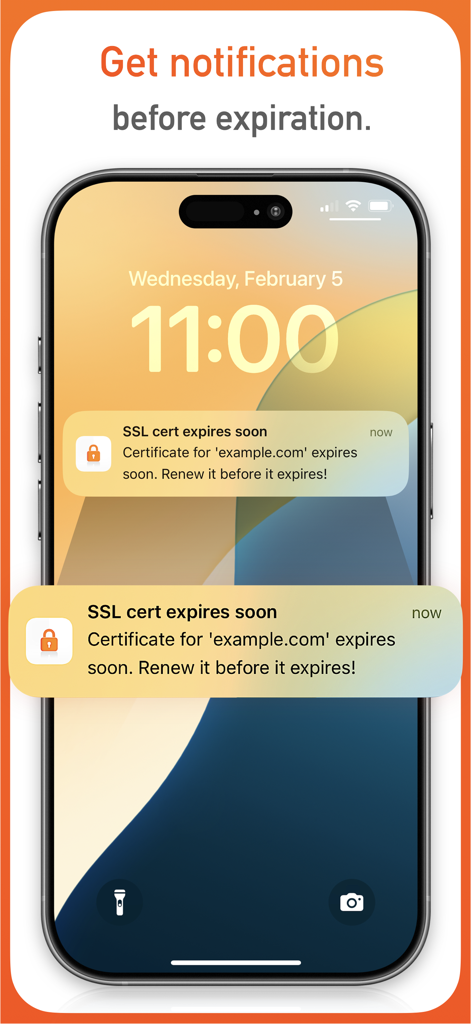 iPhone lock screen showing SSL certificate expiry push notifications from the SSL Checker app