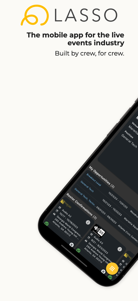 LASSO Mobile app interface showing live event job opportunities and roster confirmations for crew members