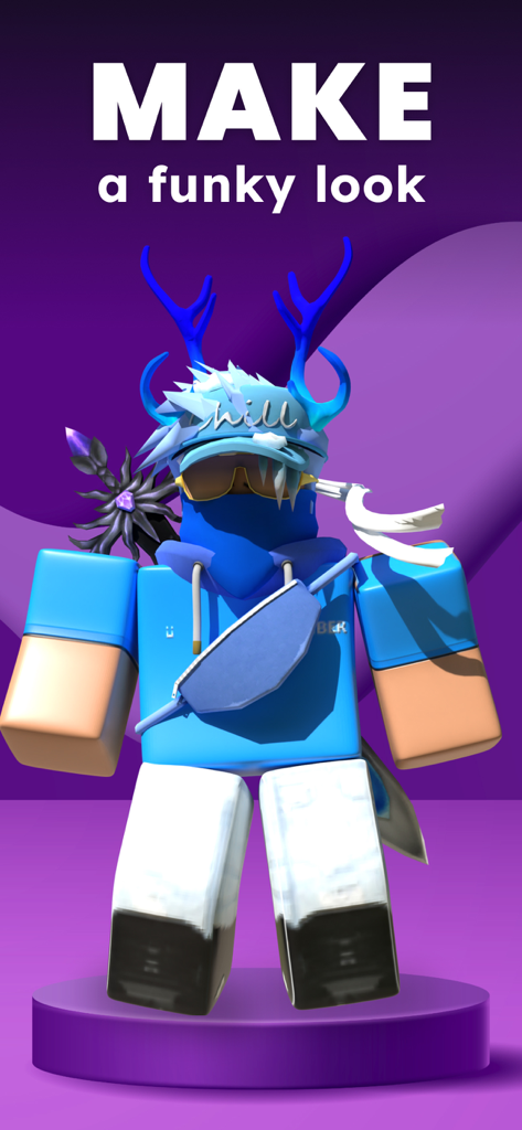 Skins & Avatars Clothes Maker - Un avatar 3D personnalisé avec des bois bleus et des accessoires cool présentant un design de look funky