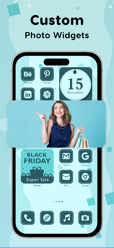 Custom photo widget and aesthetic teal theme on an iPhone home screen