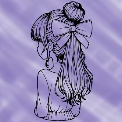 realistic girl  with hip length hair a bun and a big bow on the back of head