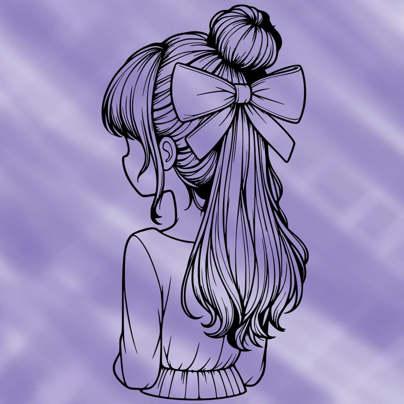 realistic girl  with hip length hair a bun and a big bow on the back of head