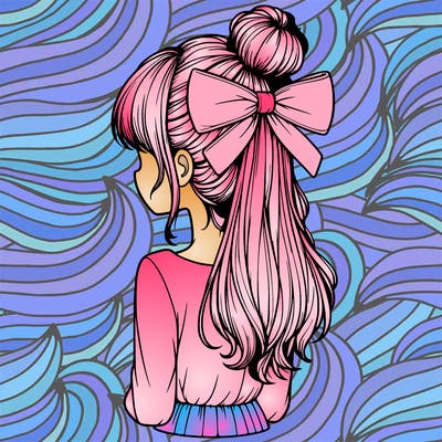 realistic girl  with hip length hair a bun and a big bow on the back of head