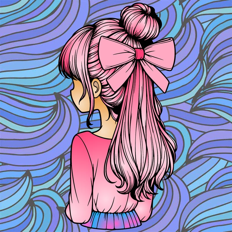 realistic girl  with hip length hair a bun and a big bow on the back of head