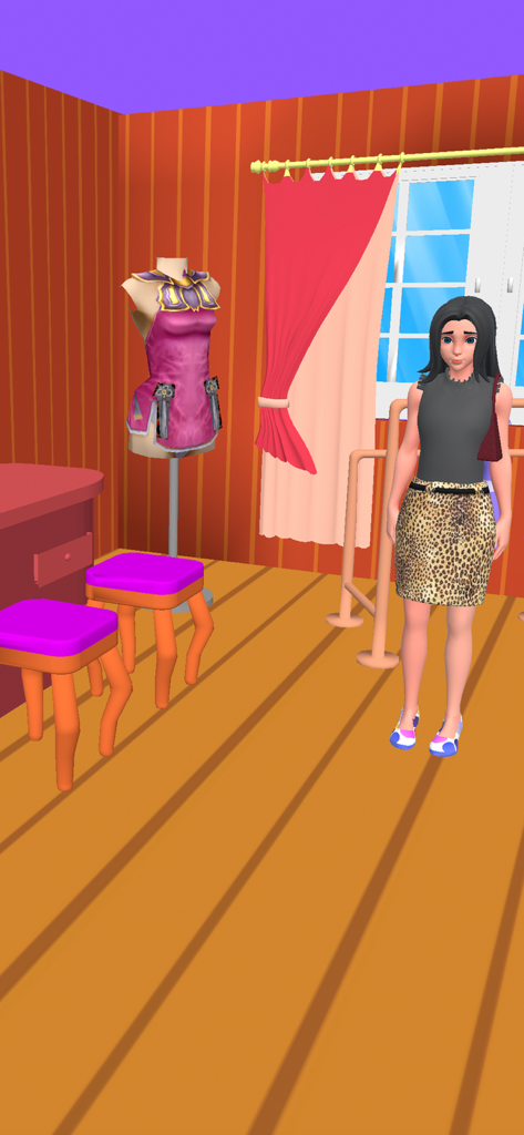 Fashion Merge Game: Super Life - Una mujer con una falda de estampado de leopardo de pie en un estudio de moda con un maniquí y cortinas rojas