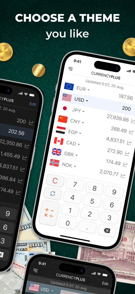 Currency Converter Plus Live - Currency Converter Plus interface showing light and dark themes with multiple exchange rates and a built-in calculator