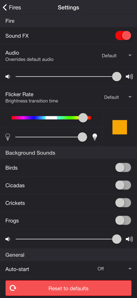 Fire Simulator - Fire Simulatorのオーディオ、ビジュアル、背景の自然音のカスタマイズオプションを示す設定画面